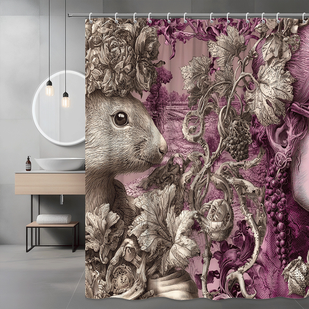 Rabbit Floral Shower Curtain Pink Vintage Botanical Print