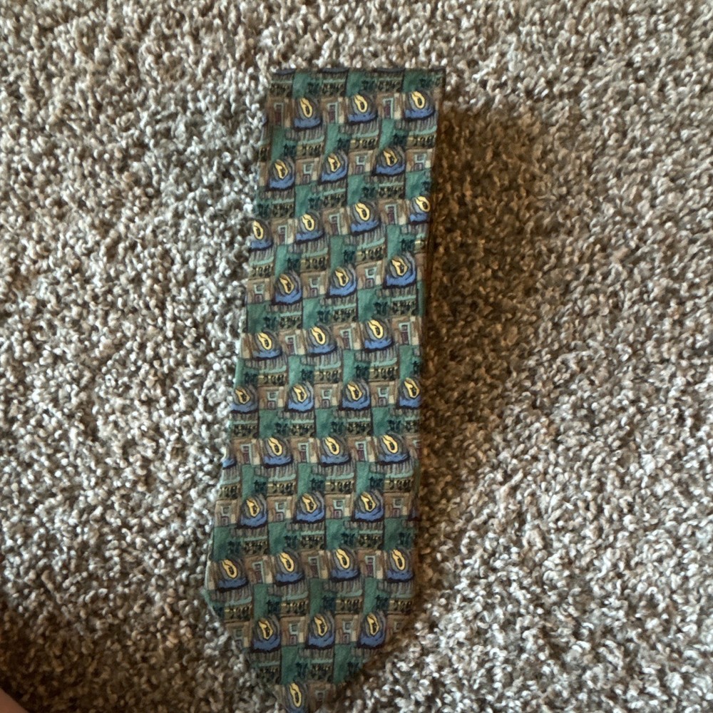 J. Garcia Men's Woven Tie Green Blue Gold Geometric Pattern Logo