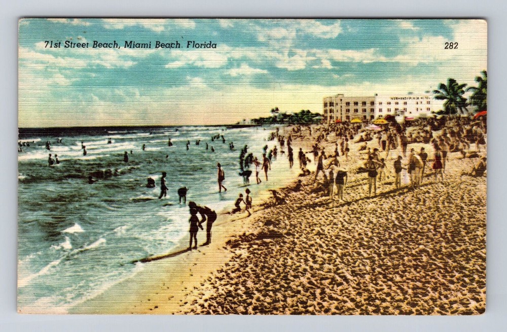 Miami Beach FL- Florida, 71st Street Beach, Antique, Vintage Souvenir Postcard