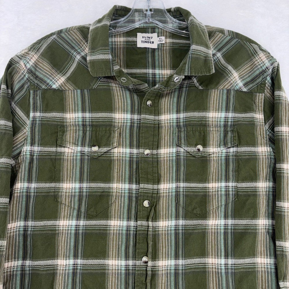 Flint and Tinder Mens Plaid Western Snap Shirt Olive Green XL F-210059 Outdoors
