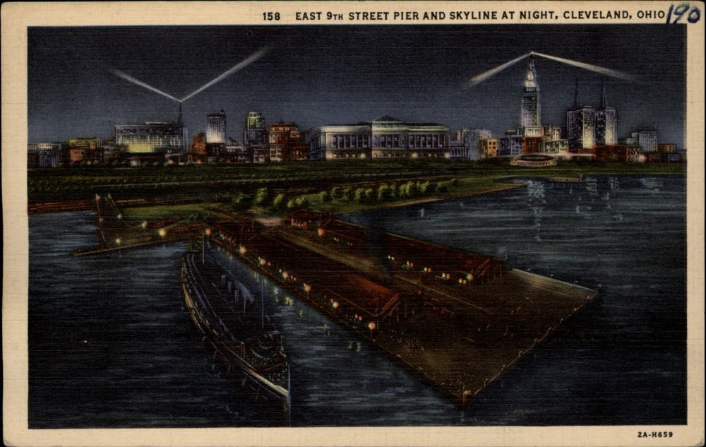 Cleveland Ohio East 9th Street Pier skyline at night ~ 1940s linen postcard