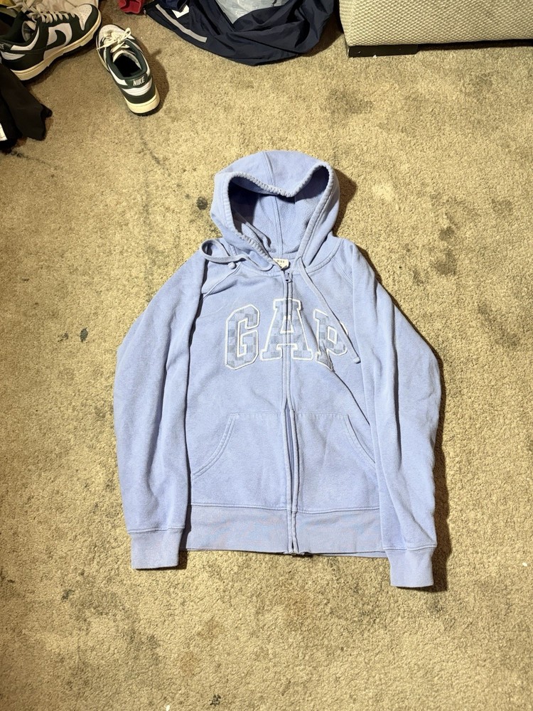 GAP baby blue super cute full zip up hoodie Size M with checkerboard embroidery