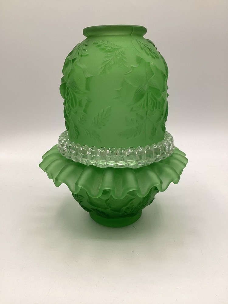 Fenton for LG Wright Green Satin Embossed Roses 3 Piece Fairy Lamp