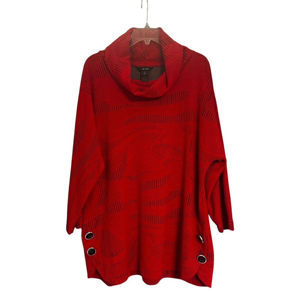 Ali Miles Tunic Top Women XL Red Jacquard Cowl Neck 3/4 Sleeve Button Lagenlook
