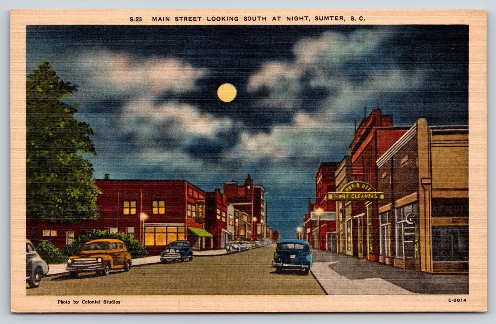 Sumter South Carolina~Main Street Looking South At Night~Vintage Linen Postcard