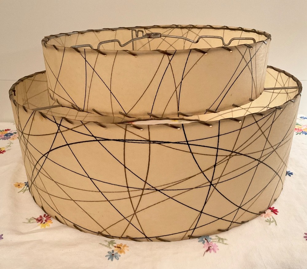 Vintage Mid Century Modern Fiberglass Whip Stitch Two Tier Lamp Shade MCM