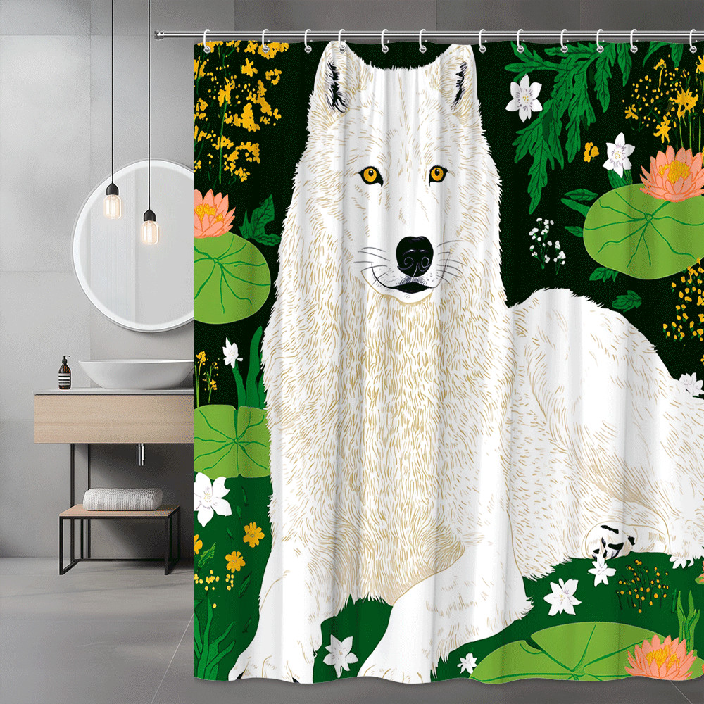 White Wolf Floral Shower Curtain Green Nature Print