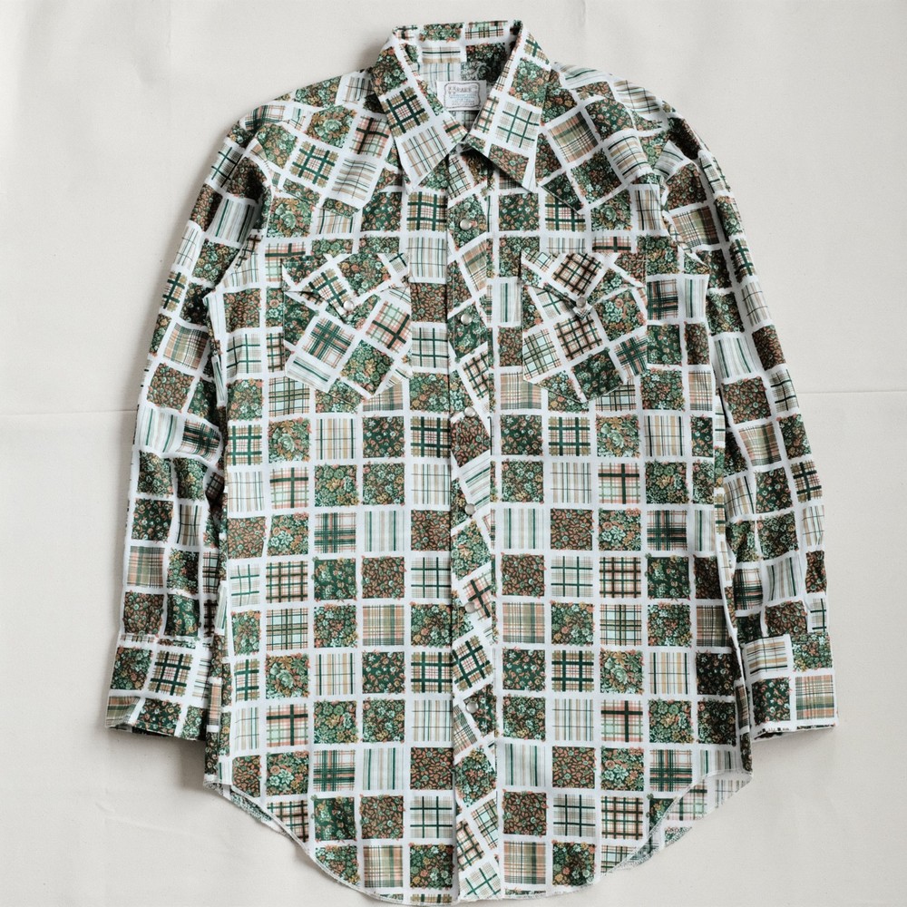 Vintage 70s H Bar C Pearl Snap Floral Patchwork Western Ranch Wear Shirt Sz 15.5