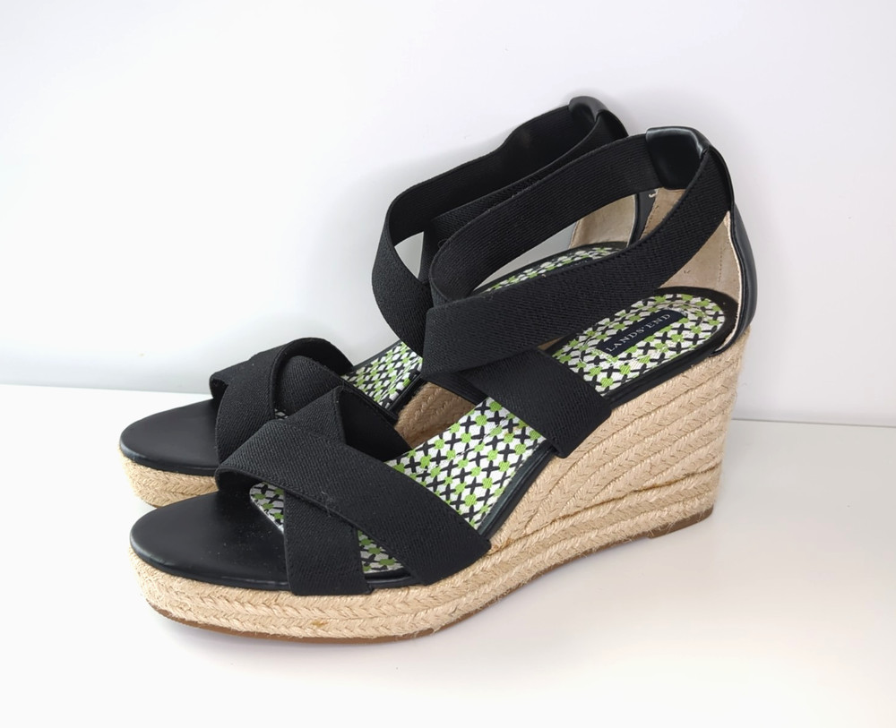 Lands' End (Womens Size 8 B) Black Ankle Strap Rope Heel Wedge Agion