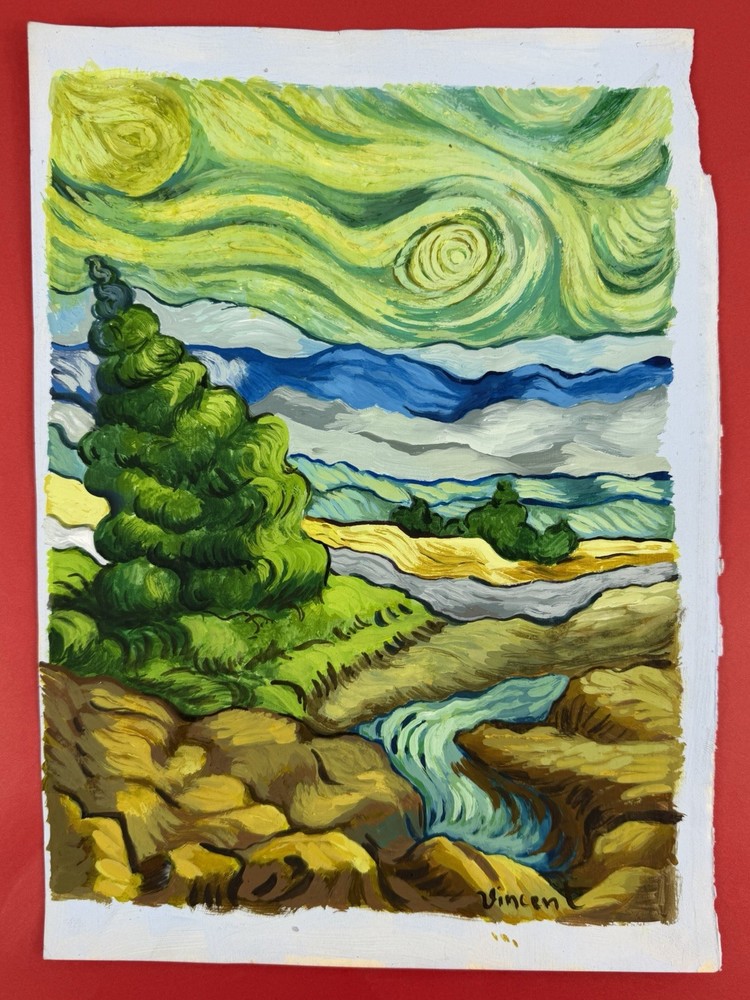Vincent van Gogh Drawing on paper (Handmade) signed  And Stamped mixed media Vtg