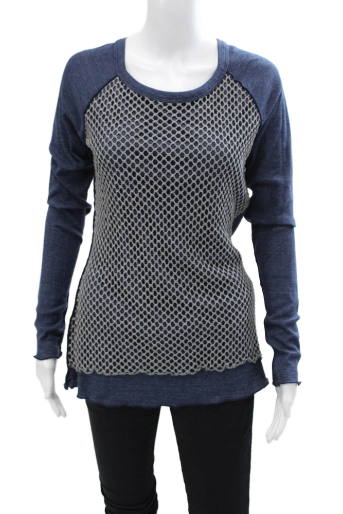 Pete Womens Cotton Mesh Overlay Detail Ribbed Long Sleeve Top Blue Size LFree Shipping in US $100+ Orders | $6.95 Orders Below