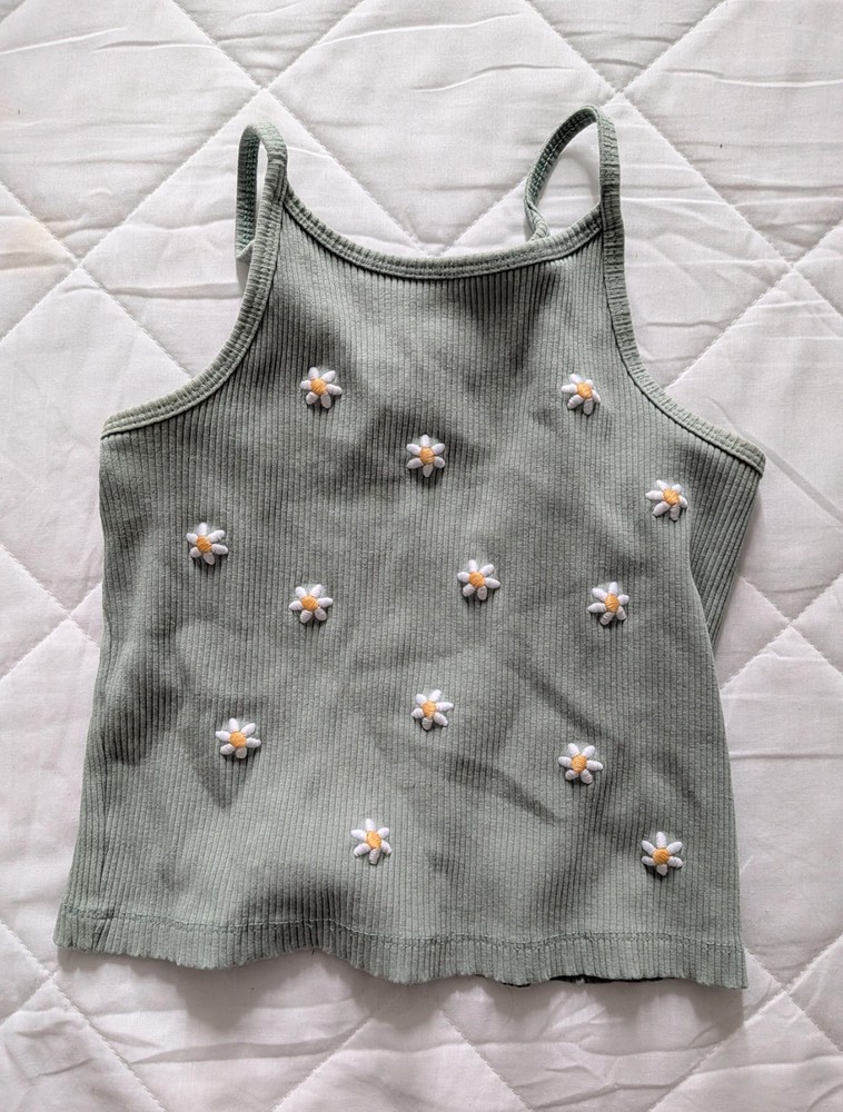 Zara Kids Green Ribbed Embroidered Daisy Tank 3T