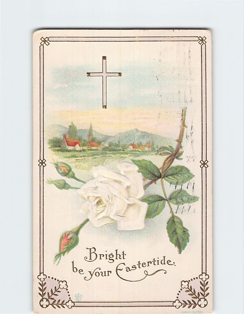 Postcard Embossed Cross and Flower Art Print Easter Holiday Greeting Card