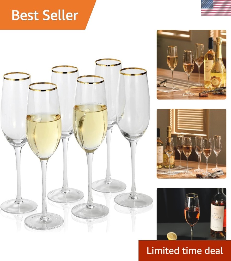 Elegant 8oz Gold Rim Champagne Flutes Set of 6 Handcrafted Glass