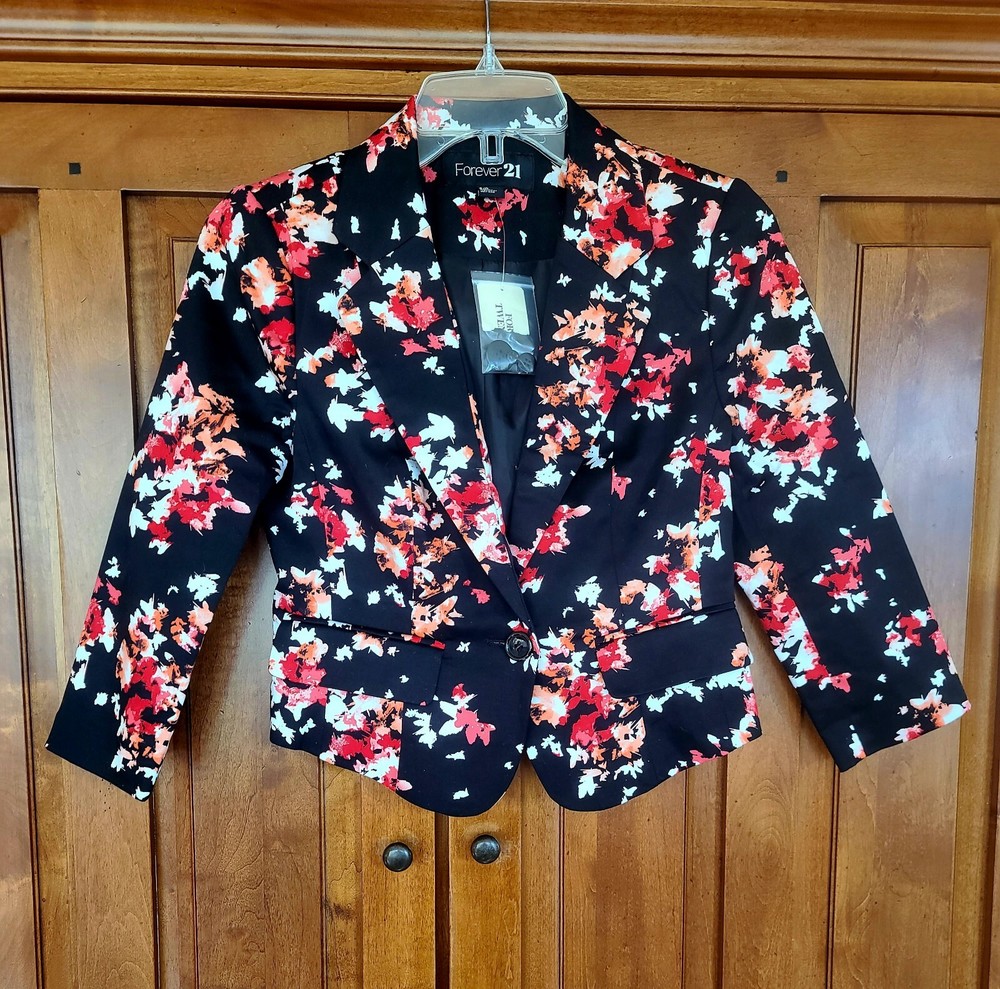 Forever 21 Size Small P Floral Open Front One Botton Blazer 3/4
