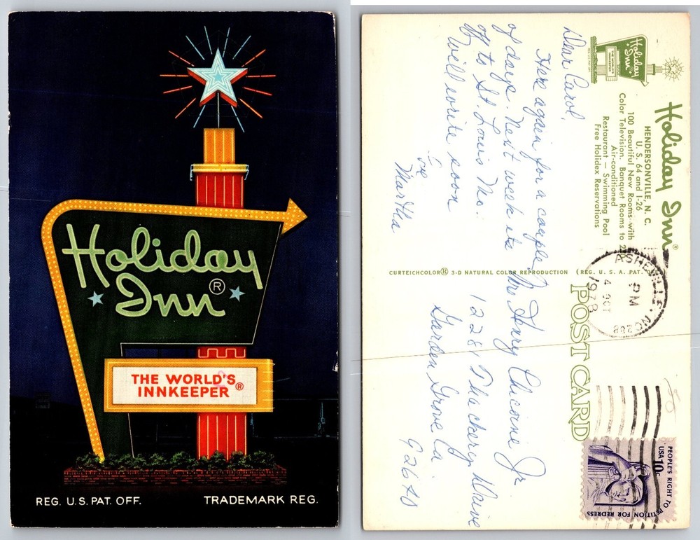 Vintage 1973 Holiday Inn Neon Sign Postcard Hendersonville NC Curteichcolor