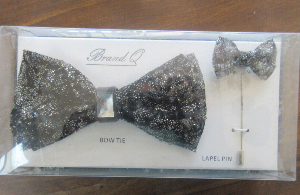 Brand Q Elegant Sparkling Black Silver Bow Tie with Lapel Pin