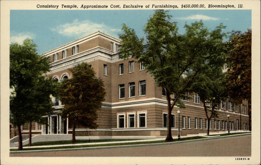 Consistory Masonic Temple Bloomington Illinois ~ 1940s linen postcard