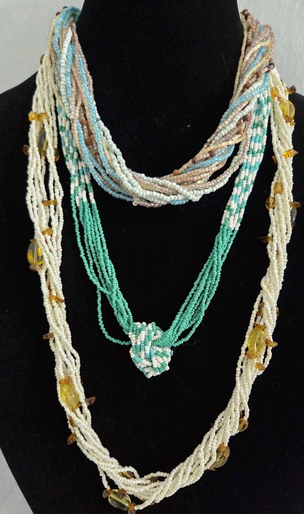 Vintage BOHO Glass Seed Bead Necklace Lot Mint Green Cream Bohemian Multi-strand