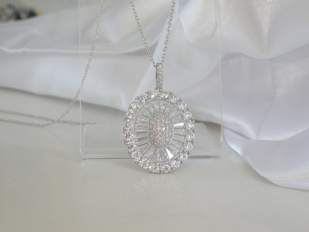 Antique Style Sterling Silver 925 Baguette Cluster CZ Large Pendant Necklace 18