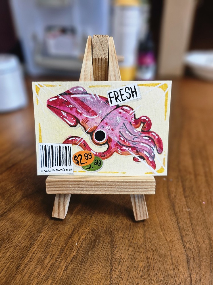 ACEO Original Fresh Fish Squid Water Animal Ocean Grocery Store Art by kateydew