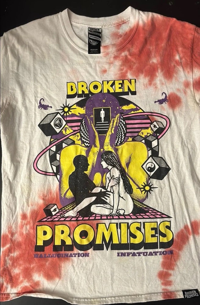 Broken Promises Hallucination Infatuation Tie-Dye Graphic T-Shirt M White Red