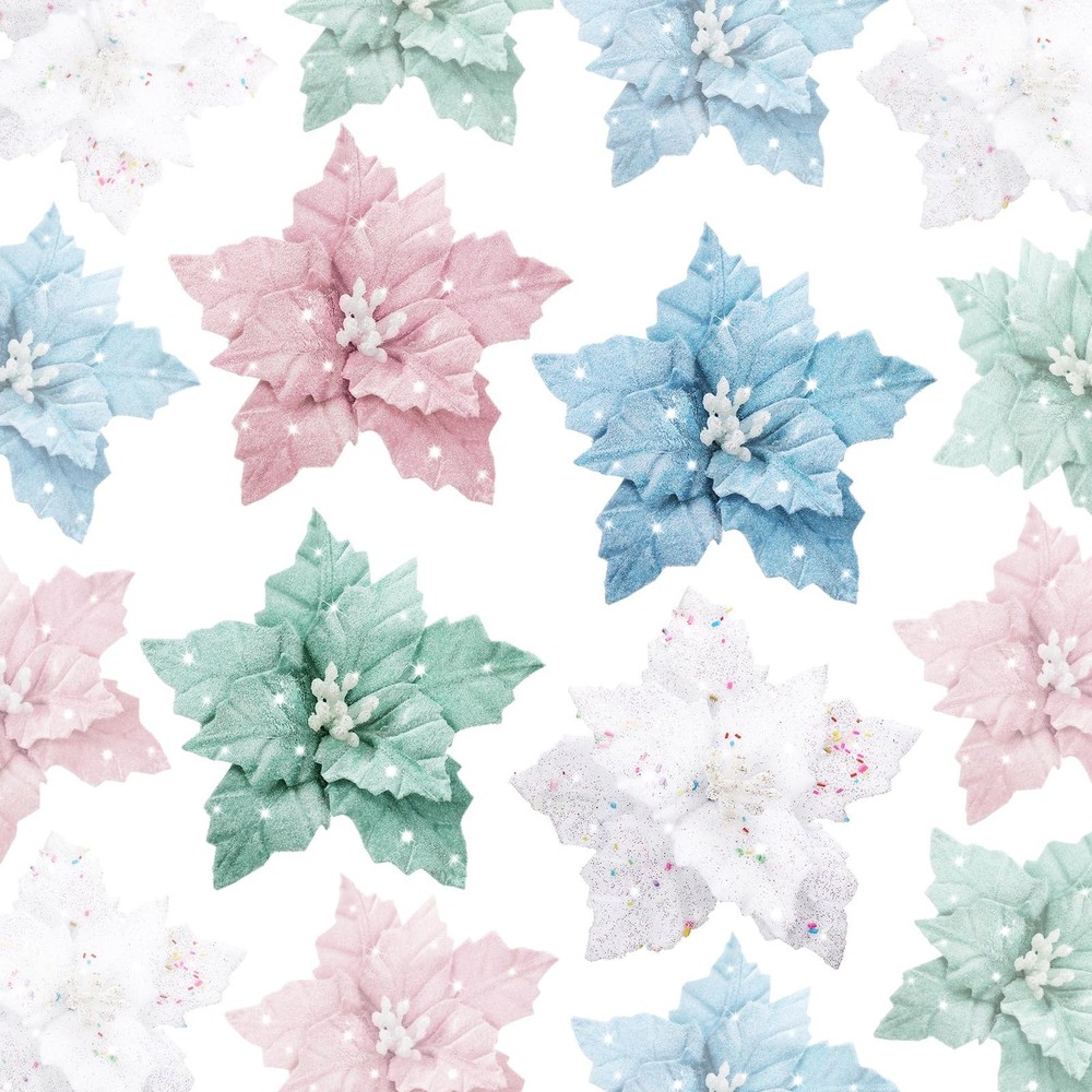 12 Pcs Christmas Tree Pastel Poinsettia Christmas Candyland Decorations Glitt...