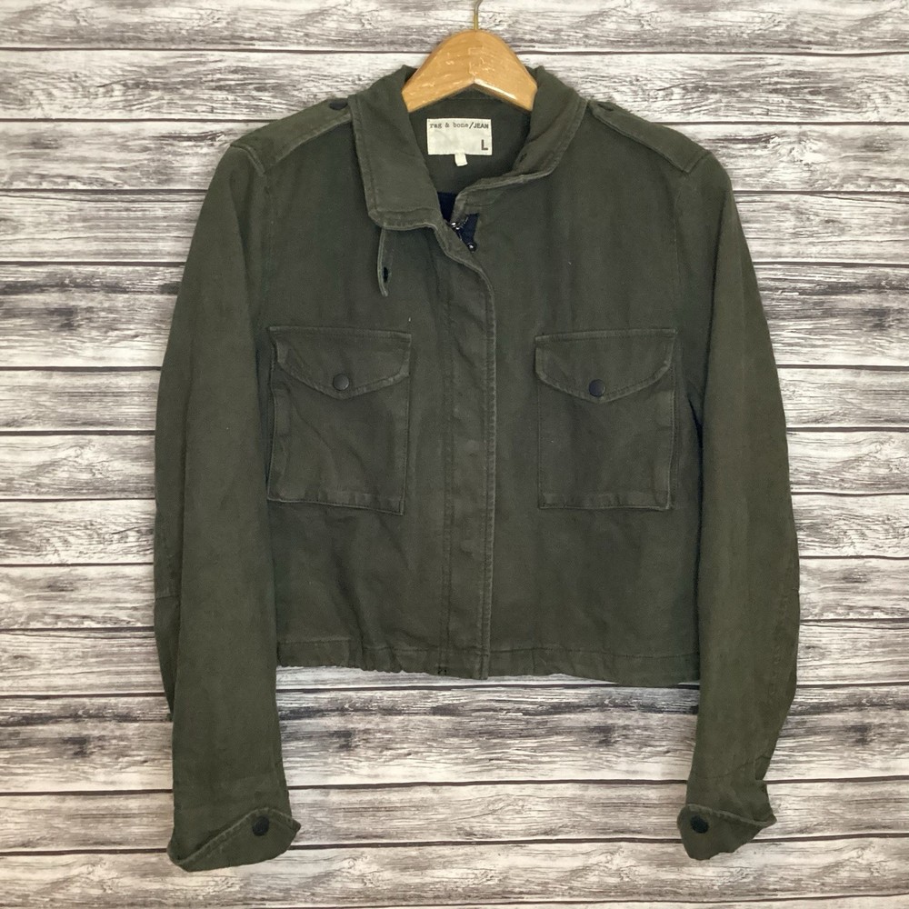 Rag & Bone Jacket Womens Large Green Military Style Cropped Fatigue Jean