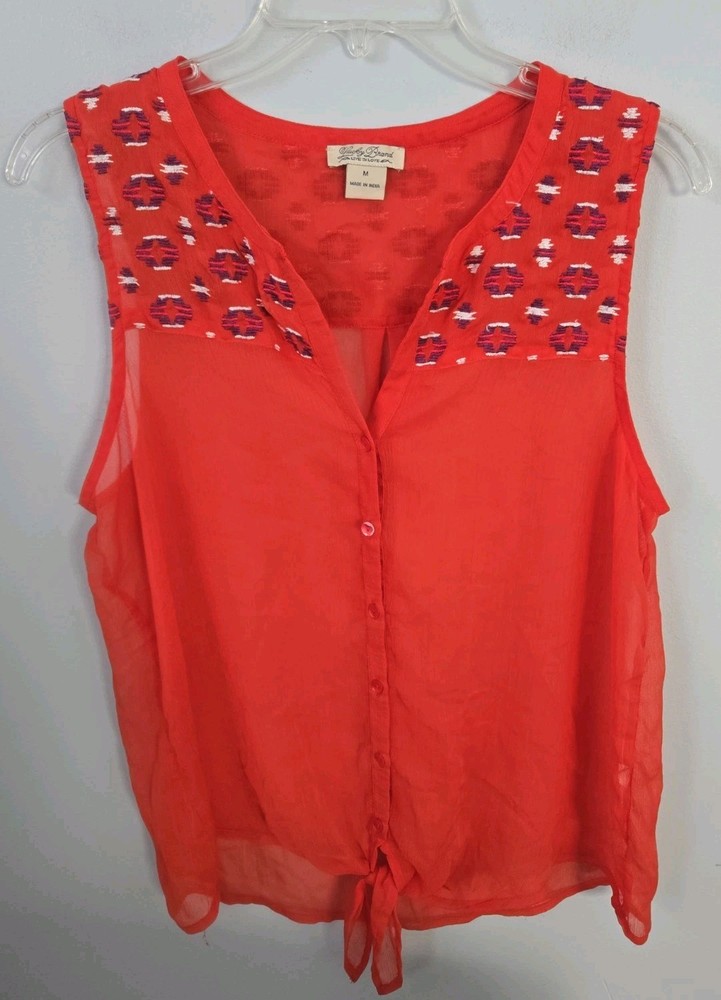Lucky Brand Womens Medium Sleeveless Sheer Tie Front Blouse Coral Boho Button...