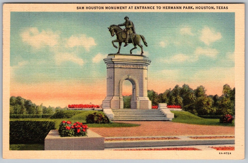 Vtg Linen Postcard Sam Equestrian Statue Houston, TX 1930s