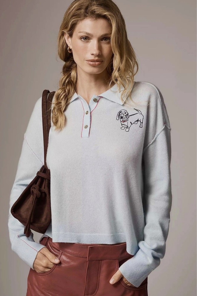 Anthropologie PILCRO The Jensen Cashmere Crop Polo Sweater Soft Sea Dog SMALL