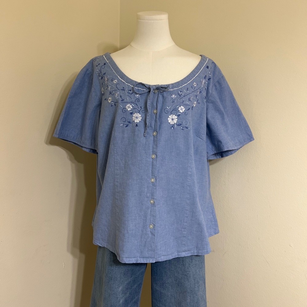 Fashion Bug Blue Chambray Floral Embroidered 100% Cotton Short Sleeve Blouse XL