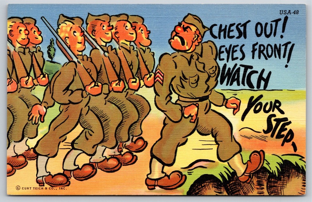 Military Comic~Sarge Yells Watch Your Step~Stepping Off Cliff~Vintage Linen PC