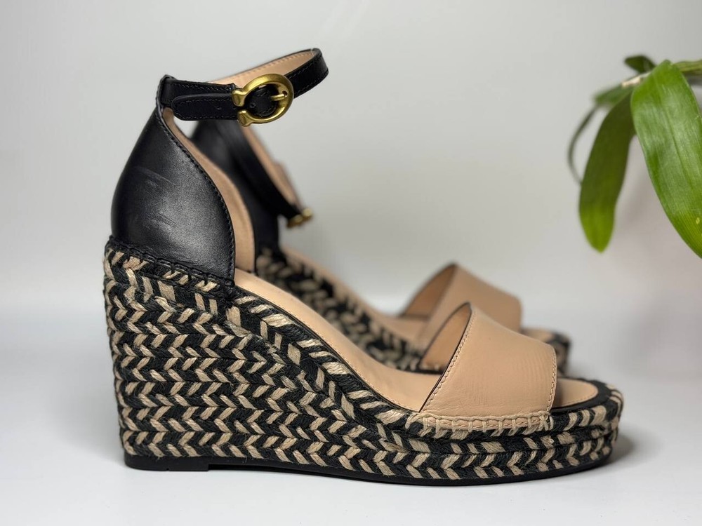 Coach Beige & Black Leather Wedge Espadrille Sandals EU 37.5 US 7.5