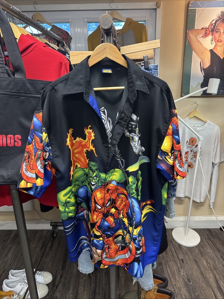 Vintage Y2K 2001 Marvel Comics Men Button Shirt L Spider-Man Hulk Wolverine ETC
