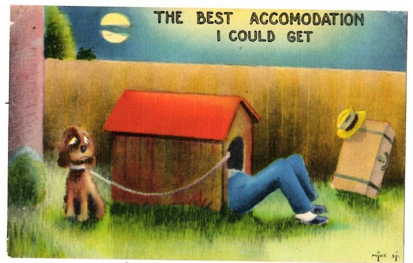 The Best Accommodation I Could Get Comic Postcard Man in Dog House Suitcase VTG-image