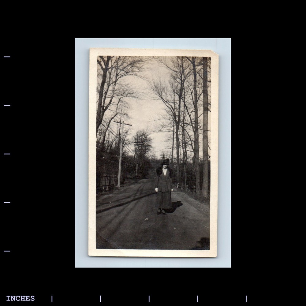 Old Vintage Photo WOMAN IN ROAD TELEPHONE POLE TREES SPY SHADOW