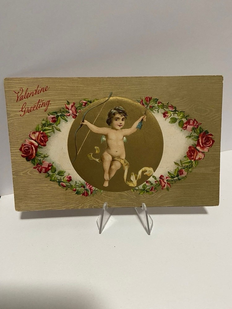 Vintage Embossed Valentine's Postcard Cupid W/ Bow, Arrow, Roses & Greeting 1908