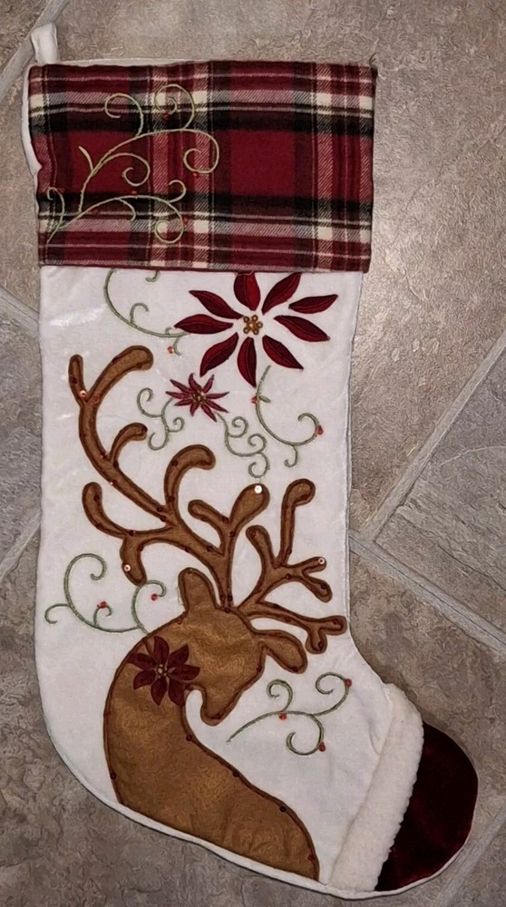 Pier 1 Reindeer Christmas Stocking  Reindeer Sock Sequins Embellished