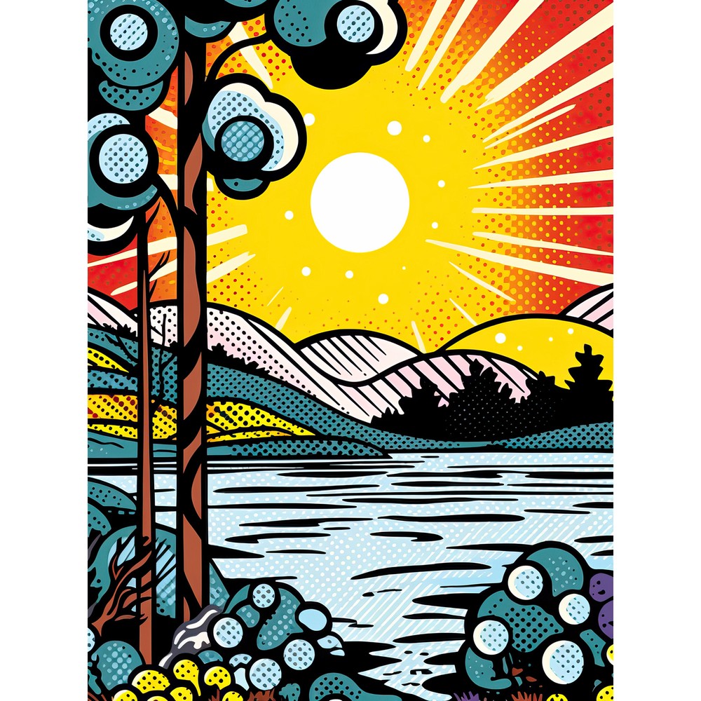 Sunset Lakeside Landscape Comic Book Art with Bubble Patterns Large Poster for Stunning Wall Decor