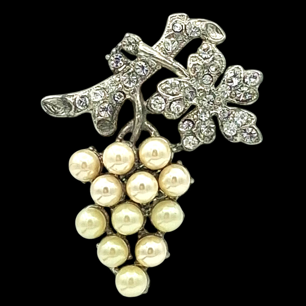 Vintage Faux Pearl Grape Cluster Pin Silver Tone Rhinestone Brooch