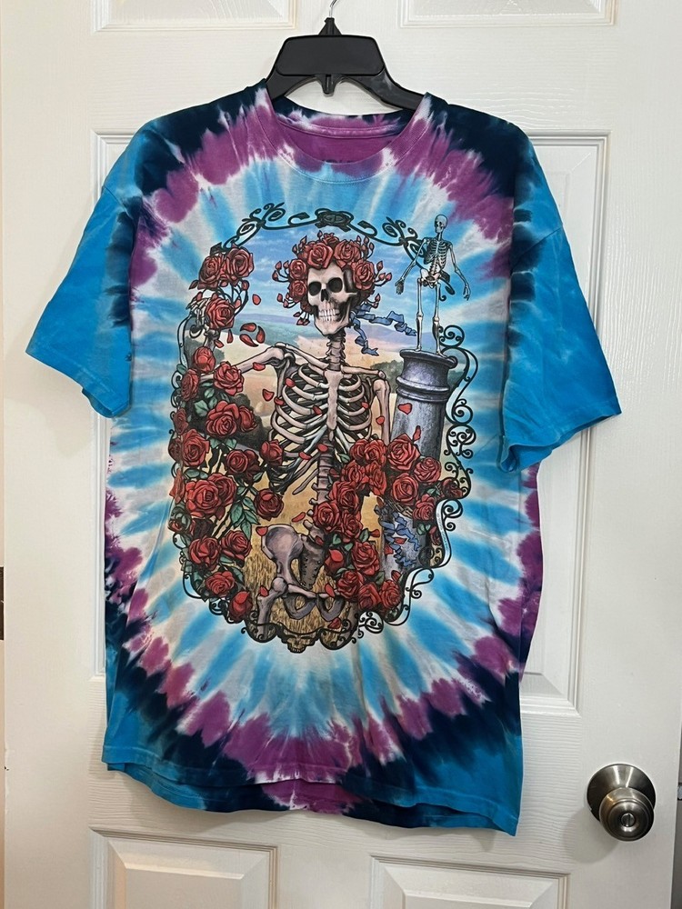 Vintage Liquid Blue Grateful Dead 1995 Tie Dye T-Shirt L 30 Years Skeleton Roses