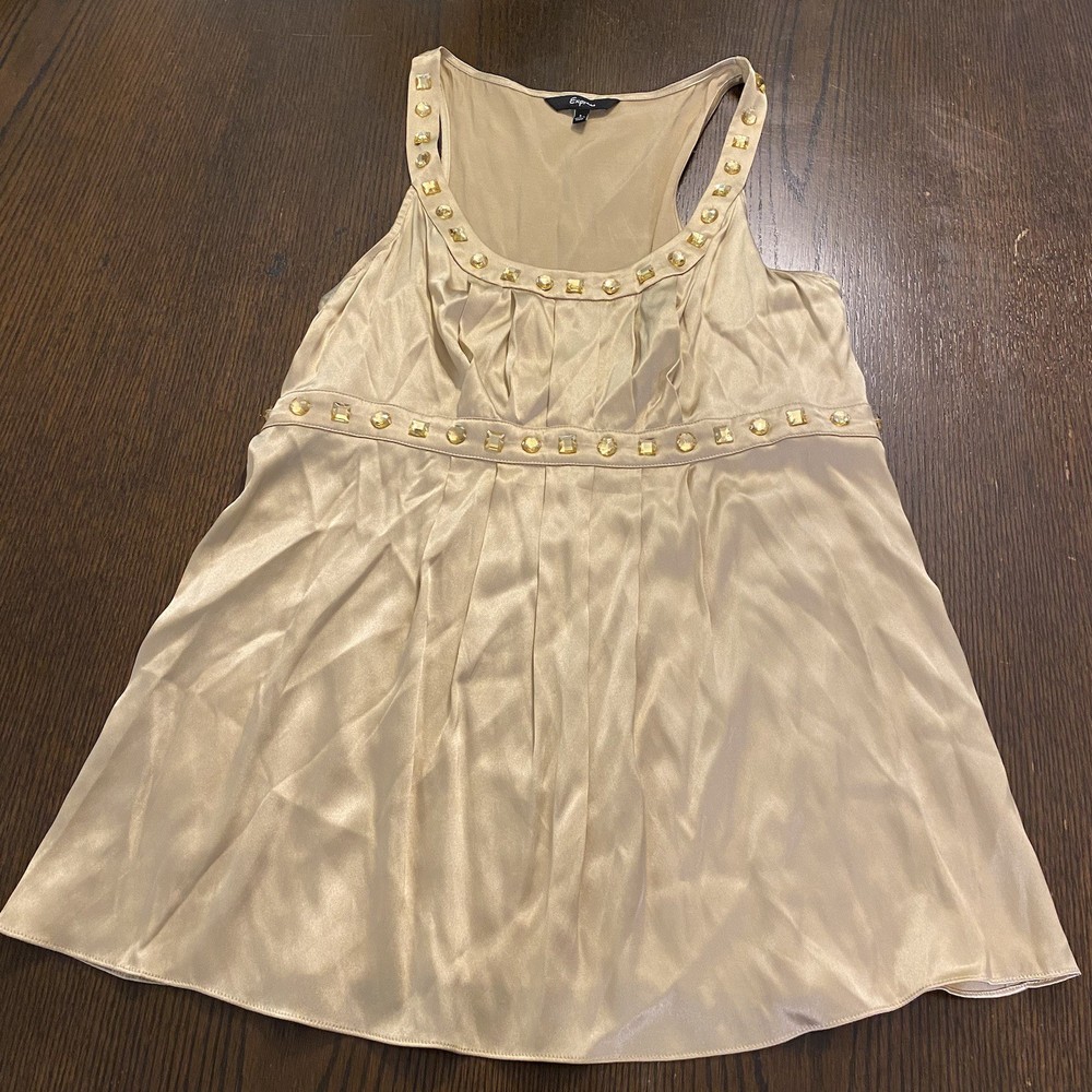 VTG Y2K Deadstock Tan Silk Rhinestone Embellished Racerback Blouse Size Large