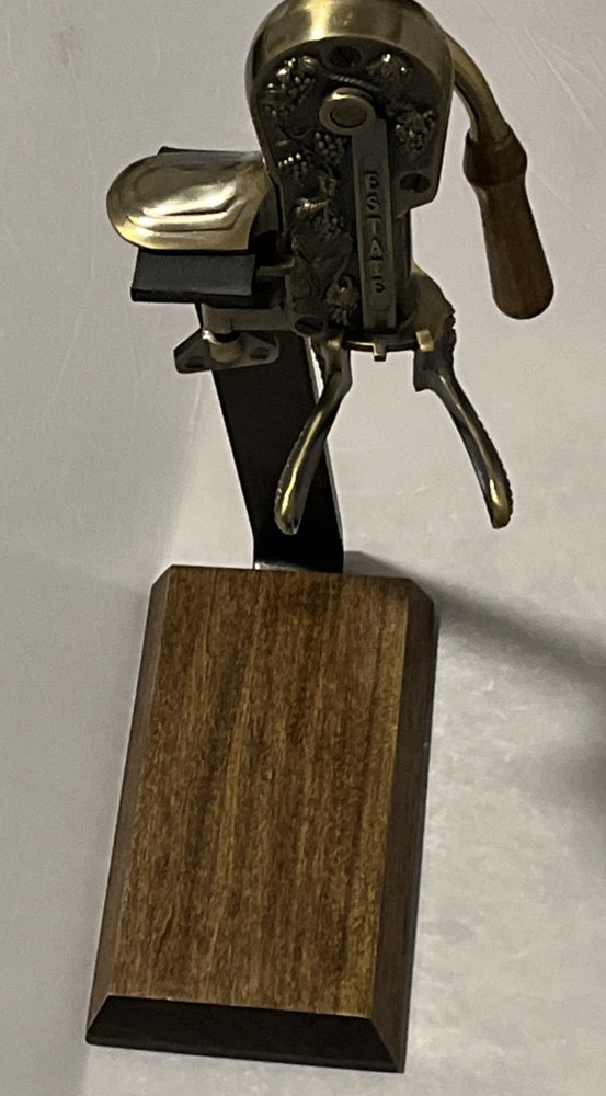 Rogar Estate Antique Brass Table Top Wine Bottle Opener w/ Wood Stand Corkscrew