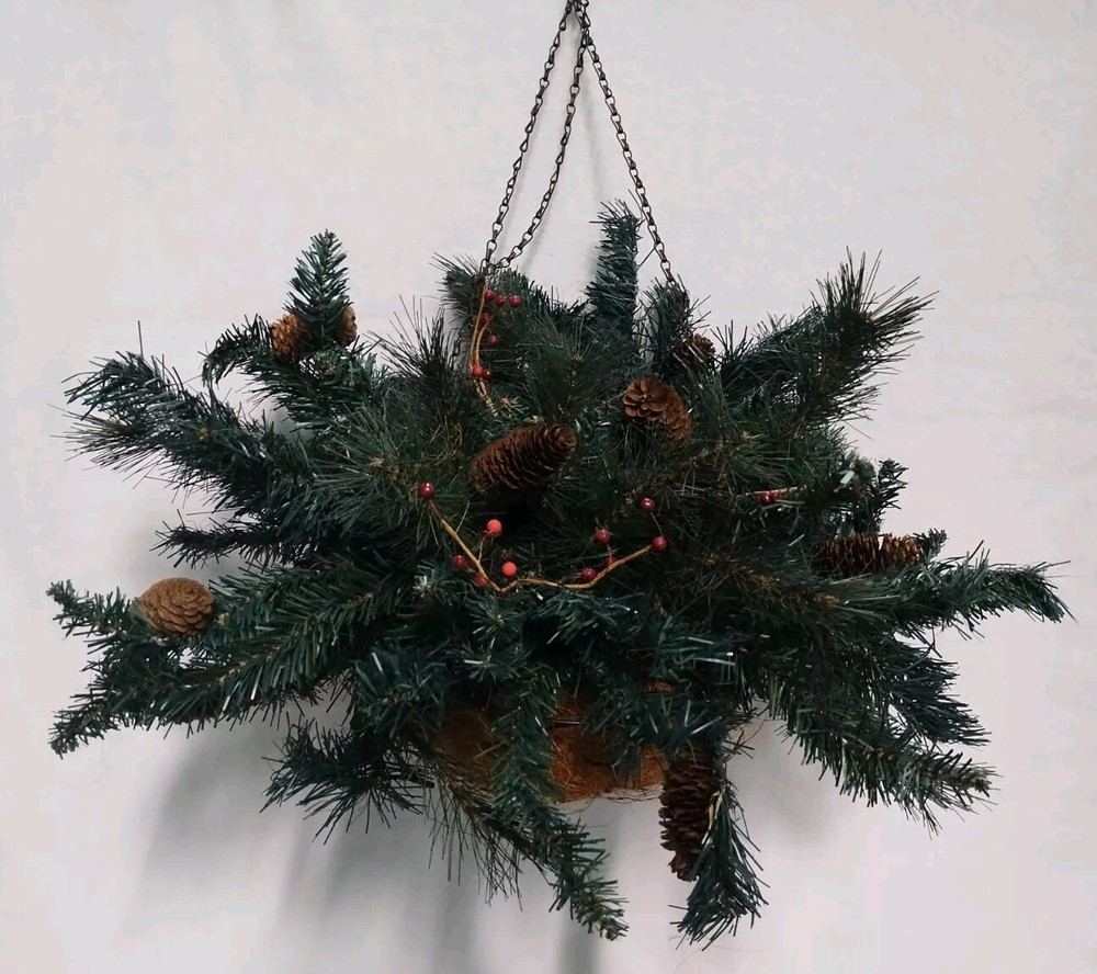 Pre-Lit Artificial Christmas Hanging Basket, Timer, Battery Operated