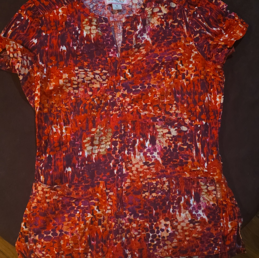 Koi Women’s V-Neck Short Sleeve Abstract Knit Pullover Top Orange Purple S