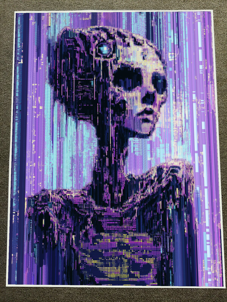 Glitched Cyberpunk Skeleton in Violet Matrix Poster 18x24in