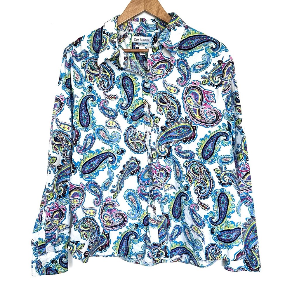 Kim Rogers Shirt Women’s XL White Paisley Boho Cotton Button Up Long Sleeve Top