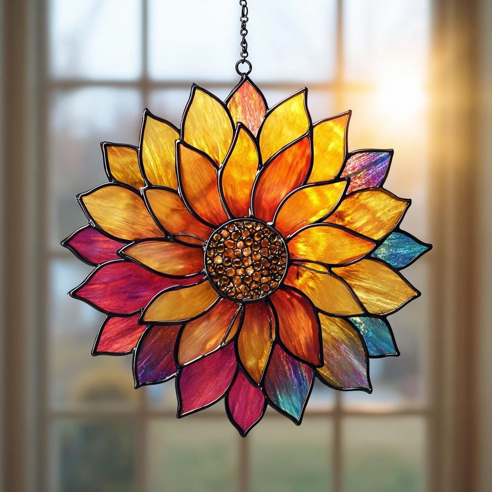 Mandala Sunflower Acrylic Suncatcher – Stained Glass Effect Window Hanging Decor