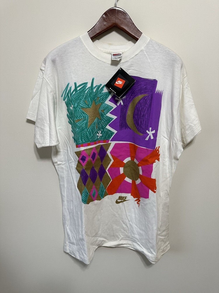 Vintage Nike Art Abstract Shirt Swoosh Front Back White Swoosh 90s New With Tags-image